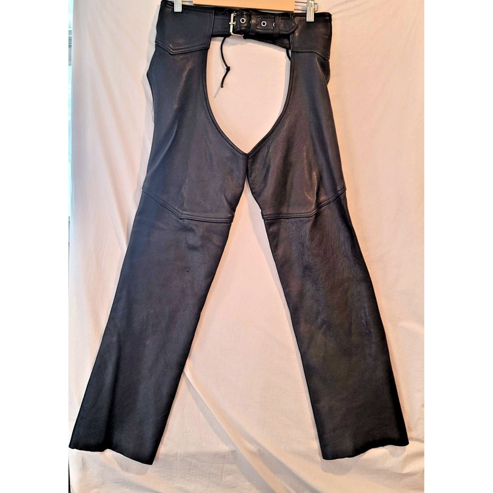 Hot Leathers Chaps Mens Large Black Leather Motorcycle Biker Made USA Buckle Zip